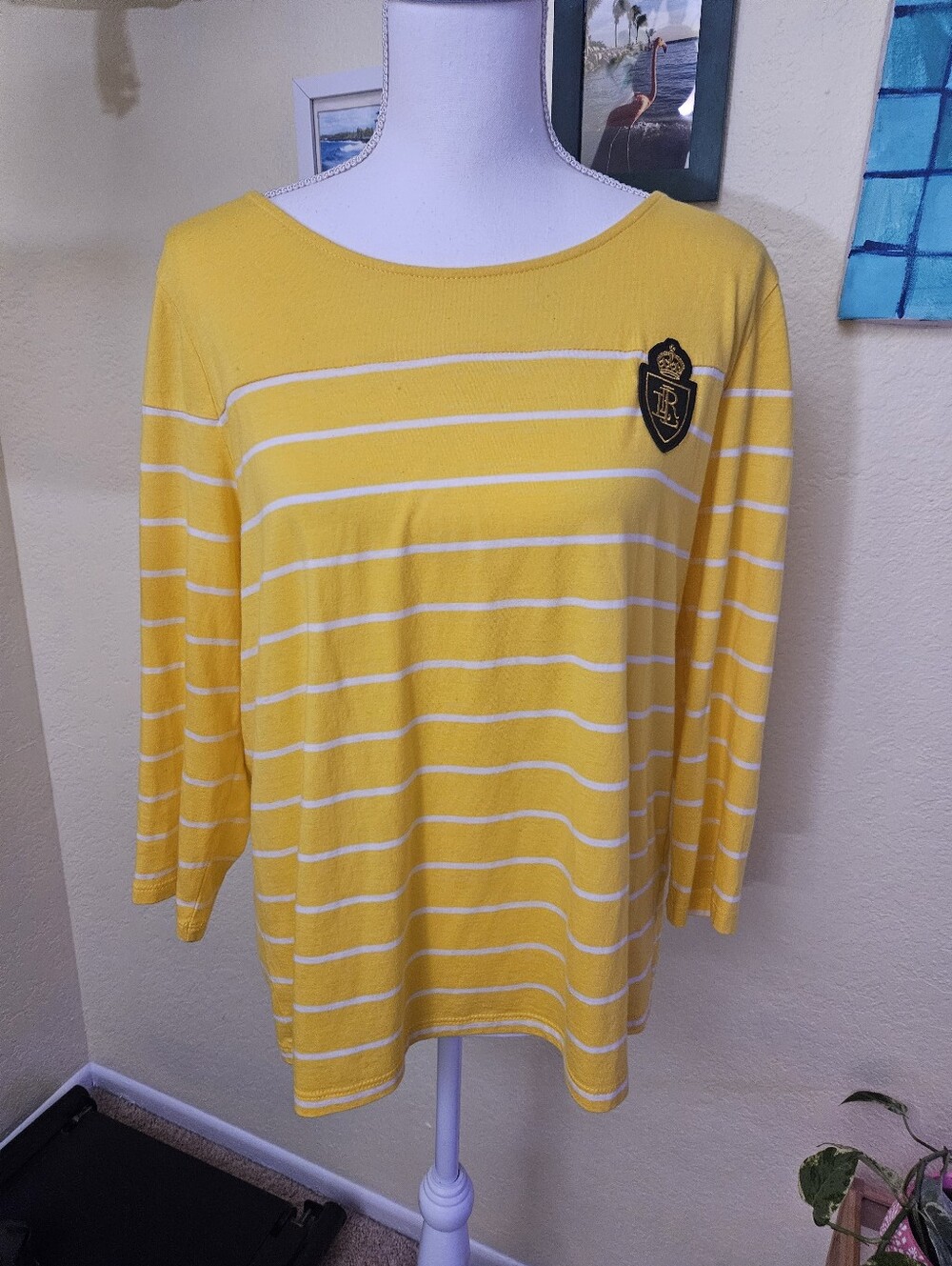 Ralph Lauren Yellow and White Striped Long Sleeve Top with Crest Sz Med